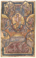 Ms 330 f.3 El Juicio Final con autorretrato del iluminador rescatado por su ángel guardián, de un salterio, c.1240